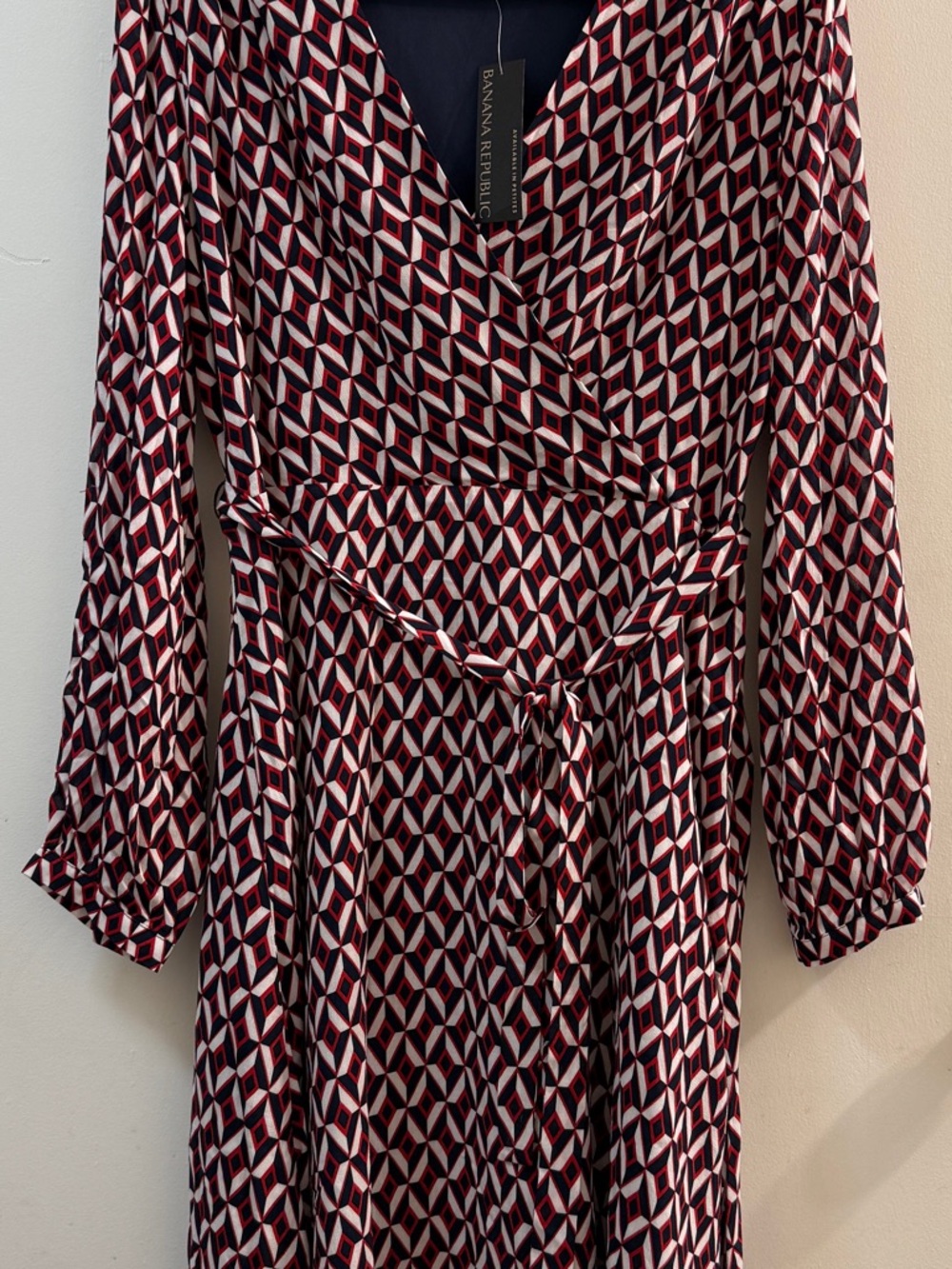 Banana Republic NWT Faux Wrap Midi Dress Size 12 Geometric Red Navy White Lined - Picture 6 of 14